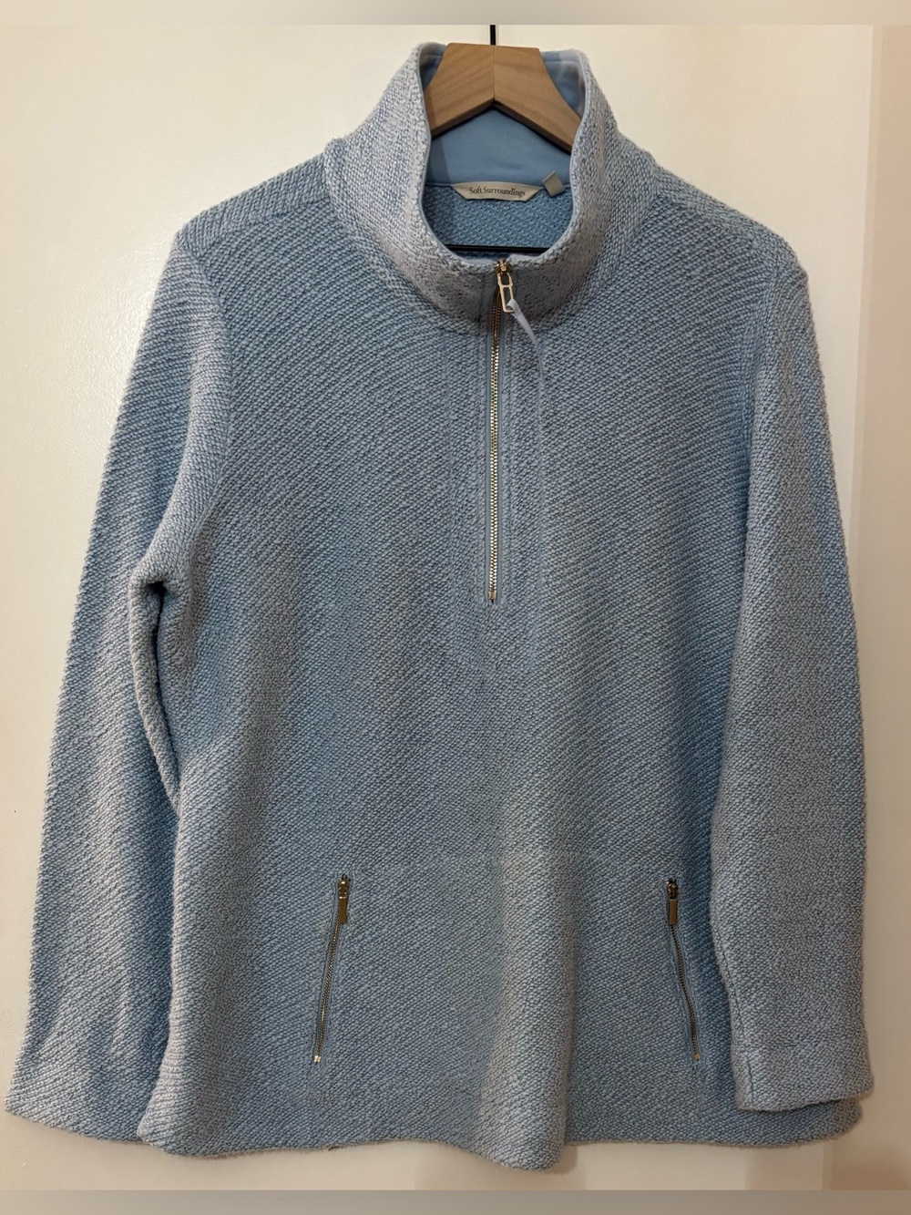 Soft Surroundings Light Blue Textured Loose Knit Cotton Quarter Zip Sweater PXL